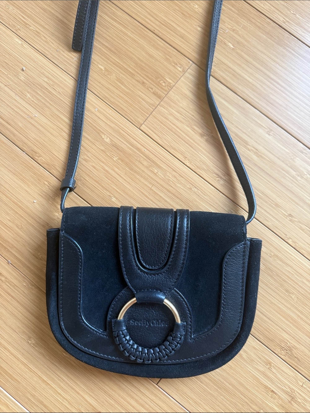 See By Chloe Black Suede and Leather Crossbody with Gold Ring